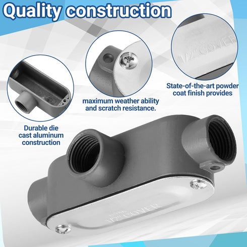 Tandefio 4 Pcs Threaded T Type Conduit Body, Stamped Steel Cover, Die Cast Aluminum Junction Box (1/2 Inch)
