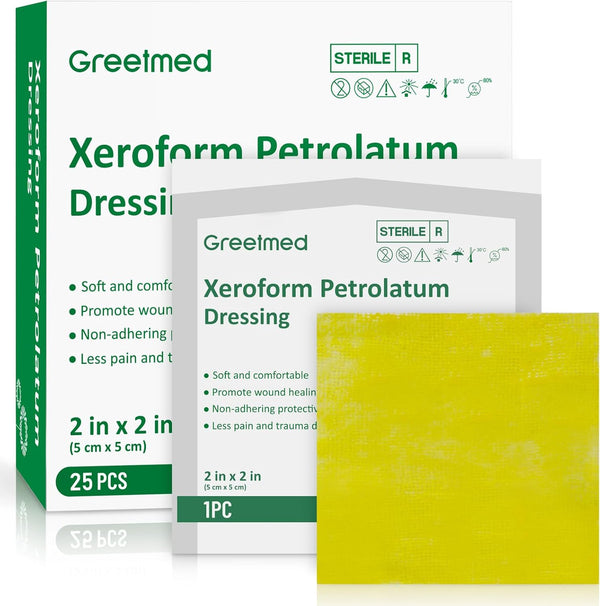 Greetmed Xeroform Petrolatum Dressing 2inx2in 25 Individual Pack Wound Dressing, Non-Adherent Gauze
