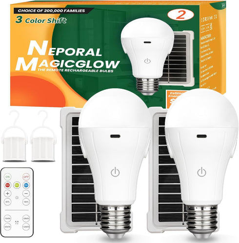 Neporal MagicGlow Rechargeable Solar Light Bulbs, 2 Pack, USB+Solar Rechargeable, Dimmable Battery Light Bulb, A19