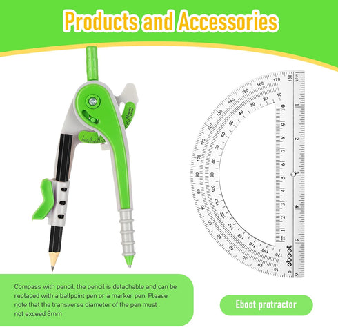 EBOOT Student Geometry Math Set, Drawing Compass and 6 Inch Clear Swing Arm Protractors for 180 Degree