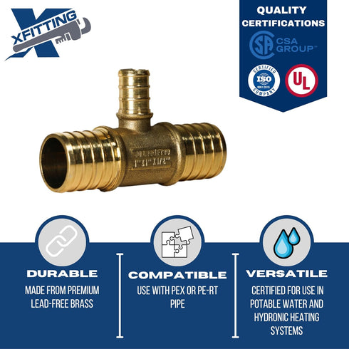1 inch X 1 inch X 1/2 inch Pex Tee, Pex B Pipe Crimp Fittings, Brass, 10 Pieces
