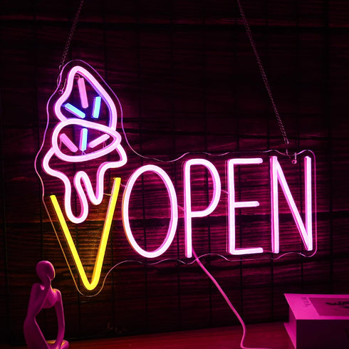 Dimmable 16.5 12.6 Ice Cream Open Neon Sign LED Light up Ice Cream Sign Dessert Open Wall Decor Sign for Business Store