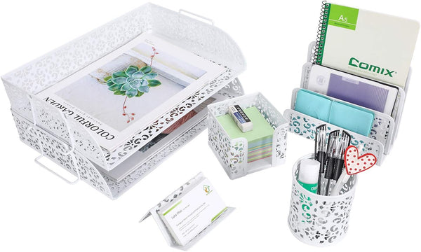 EasyPAG 5 in 1 Desk Organizer Set, 2 Tier Stackable Tray, Letter Sorter, Pen Holder, White