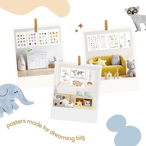 Set 12 11x17 Inch LUU'S CRAYONS Safari Nursery Wall Decor of Animal Posters, for Baby Safari Nursery Decor for Boys