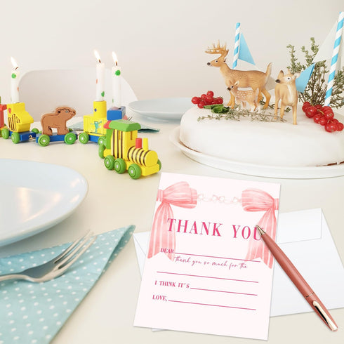Zwsrplo 20 -09 Pink Bow Kids Birthday Party Thank You Cards Fill In the Blank, Thank You Cards for Kids Teen, Birthday