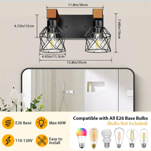 Ablwigh 2-Light Farmhouse Bathroom Light Fixtures Over Mirror, Rustic Wood Vanity Lights for Bathroom, Vintage Black