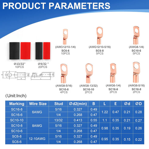 Copper Wire Lugs AWG12 10 8 6 Gauge Connectors, SQQHXX Heat Shrink Set with 30Pcs Battery Cable Ends