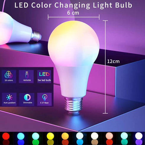 RGB LED Light Bulb, 40W Equivalent, 5W A19 E27/E26, 6500K White, 16 Color Choices, Dimmable Remote Control Bulbs
