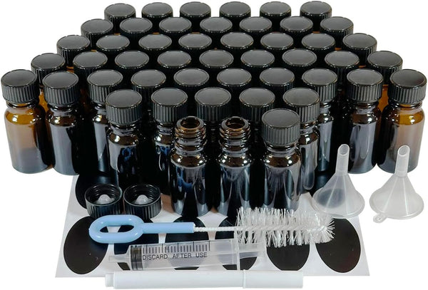 48Pack 1/3oz (10ml) Boston Glass Bottle, Essential Oil Bottle with Lid for Perfume, Aromatherapy, Lab Refillable Sample