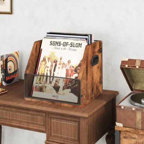 Homeiju Vinyl Record Storage, Metal & Wooden LP Record Crate, Holds up to 60 Records, Desktop Box Case
