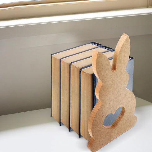 Charming Wooden Bunny Bookends for Desk Cute Rabbit Design Book Holder Shelf Organizer Compact Desk and Shelf Storage