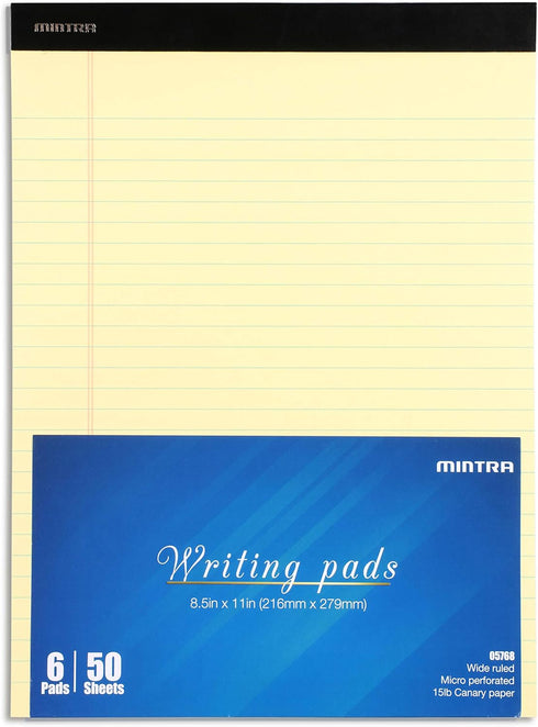 Mintra Office Legal Pads, BASIC CANARY 6pk, 8.5in x 11in, WIDE RULED, 50 Sheets per Notepad
