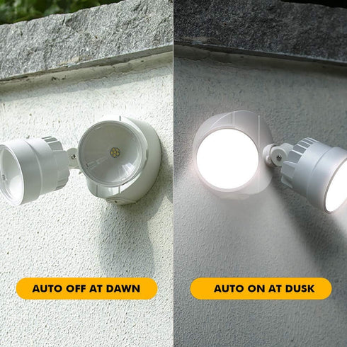P6221W-D2D 2000 18 28 LUTEC Lumen Watt LED Dual-Head Flood Light Outdoor Dusk to Dawn Waterproof Exterior Security Wall