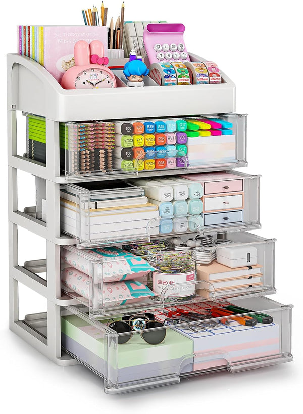 Desk Organizer with 4 Drawer Storage, Desktop Storage Drawers for Office/School Supplies, Makeup Organizer, Plastic