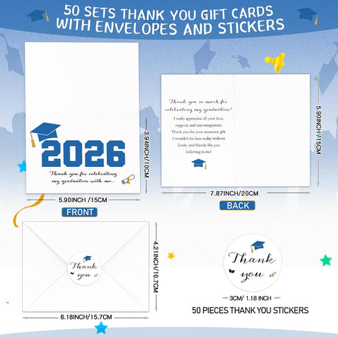 Motipuns 50 Sets 2026 Blue Graduation Thank You Cards with Envelopes and Stickers Pre-printed Message Bulk Appreciation