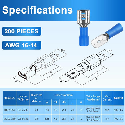 200 Pcs Female and Male Quick disconnects Vinyl Insulated Spade Wire Connectors, Blue Electrical Crimp Terminal 16-14 AWG (6.3mm)