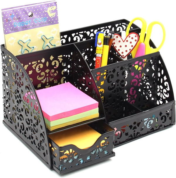 EasyPAG Desk Organizer Caddy, 6 Compartments and 1 Sliding Drawer, Desktop Accessories Holder for Home and School