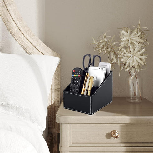 Fashionable Black PU Leather TV Remote Control Holder, 3 Compartments Storage Rack for Desk Organizers