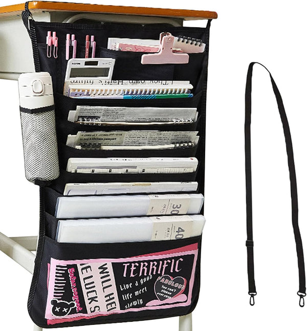 YMXWAN Oxford Desk Side Hanging Storage Bag with Pen Holder,Reinforced Desk Organiser Storage