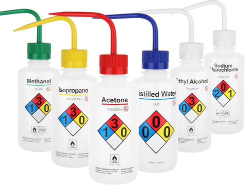 Safety Wash Bottles, 500ml, 6PCS Lab Rinse Squeeze Bottles, Printed for Acetone, Ethyl Alcohol, Distilled Water