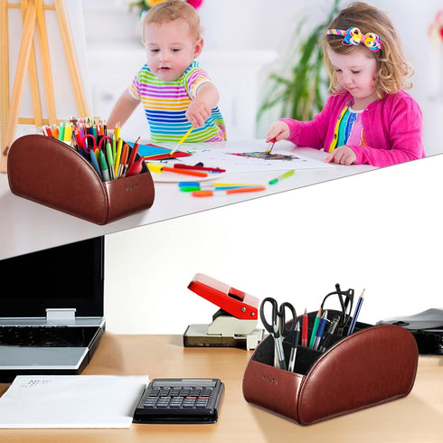 SITHON Remote Control Holder with 5 Compartments, PU Leather Remote Caddy Desktop Organizer for TV, DVD, Media Player