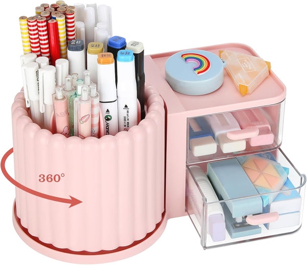 LETURE Rotating Office Desk Organizers with 2 Drawer, Pencil Pen Marker Holder for Desktop Storage Organizers and