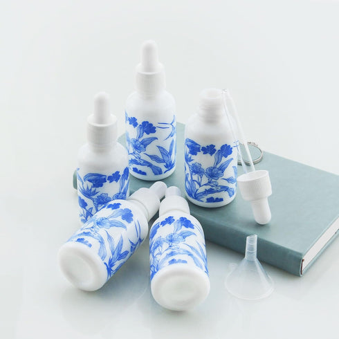 6 PCS Blue and White Porcelain Ceramic Dropper Bottles, 1oz (30ml) for Perfume, Aromatherapy, Essential Oils, Funnel