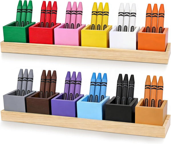 AFOROEOA Montessori Wooden Crayon Holder (2 Pack) - 12 Removable Cups for Color