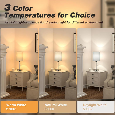 3 Dicoool Grey Bedroom Lamp for Nightstand - Color Temperature Table Lamp with USB C and A Ports, Pull Chain Bedside