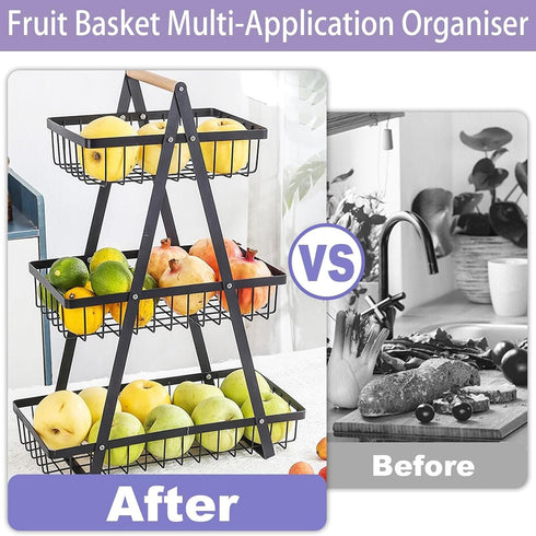 PAUANI 2/3 Haves(White,2 Tier Bread Vegetable Basket, Detachable Mesh Fruit Rack with Wooden Handle, Kitchens Bakery