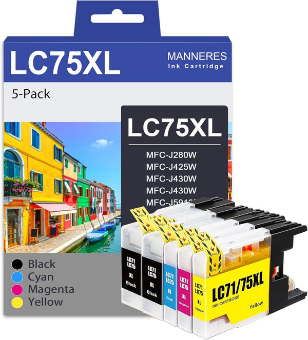 LC75 Ink Cartridges (2BK/C/M/Y 5-Pack) Compatible for Brother LC75BK LC75XL Ink Replacement for Brother Printers