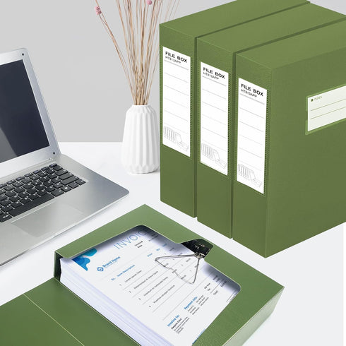 HUA JIE 2 Pack A4 Storage File Boxes, 65mm Spine Document Storage Box with Metal Clip for Office School, Green