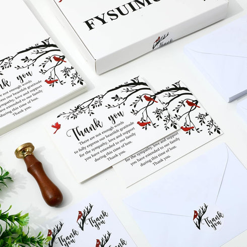 50Pcs FYSUIMU Funeral Thank You Card Cardinal Bird Branch Sympathy Boxed Thank You Card with Sticker Envelope