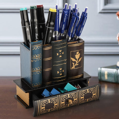 Tosnail Decorative Pen Holder with Storage Drawer, Antique Library Design Wooden Pencil Organizer for Office Supplies