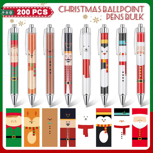 Cholemy 200 Pcs Christmas Pens Bulk, Xmas Novelty Ballpoint Pens with Black Ink for School Office Home
