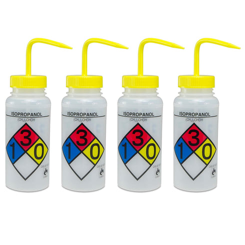 SP Bel-Art Safety-Labeled 4-Color Isopropanol Wash Bottles, 500ml (16oz), Polyethylene, Pack of 4