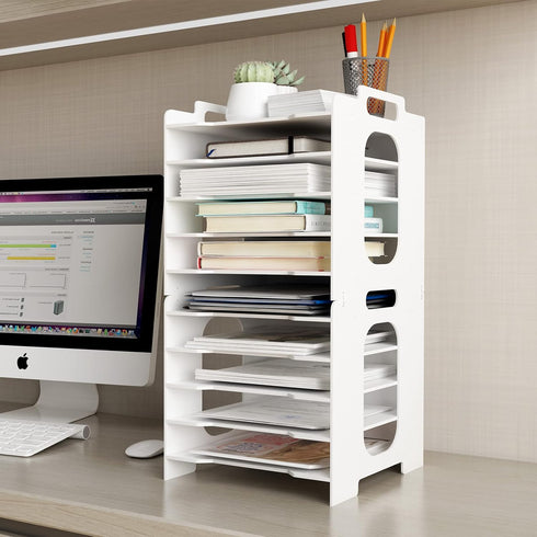 Natwind Stackable Paper Organizer for Desk, 10-Tier White Desktop File Sorter for Home Office, School