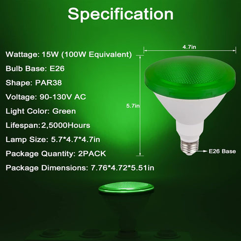 Par38 Green Light Bulb - 15W (100Watt Equivalent) - E26 Green Flood Lights 2 Pack, Party Decoration, Porch, Home Lighting, Holiday Lighting, Halloween, LED Green Light Bulb Outdoor Indoor (Green) by CICINY