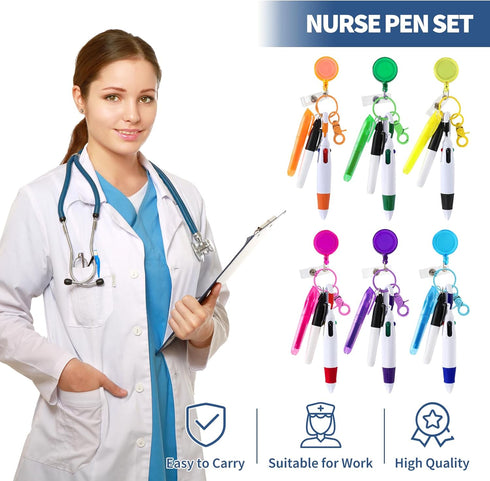 Whaline 30Pcs Mini Highlighter Nurse Pen Set, 6 Colors Retractable Shuttle Pen with Badge Clip for Students Teachers