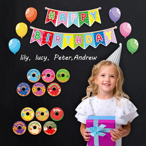 Donut Happy Birthday Bulletin Board Set, Let's Celebrate Happy Birthday Balloon Donut Accents for Classrooms
