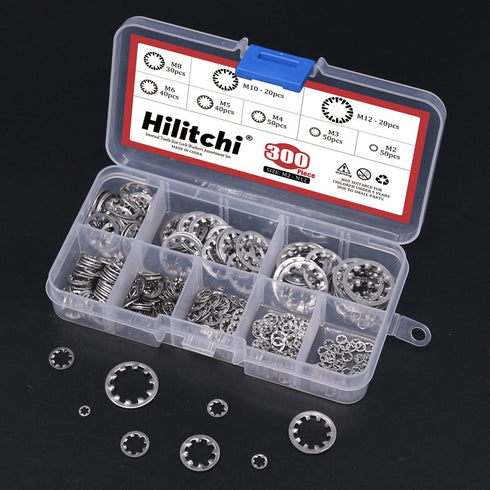 Hilitchi 300-Pcs 304 Stainless Steel Internal Tooth Star Lock Washers Assortment Set - 8 Sizes Included: M2 M3 M4 M5 M6