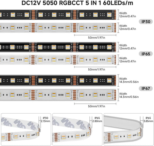 5 1 5050SMD RGB+Dimmable 2700K-6500K 16.4ft 60LEDs/m 300LEDs DC12V IP30 BTF-LIGHTING RGBCCT Colors in LED RGBWW Tunable