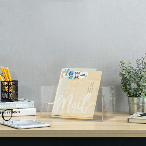 MyGift Clear Acrylic Mail Organizer Box with Letter Word Script Design and Gold Mirror Base