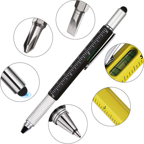 DUNBONG 6-in-1 Metal Multi Tool Pen - Stylus, Screwdriver, Ballpoint Pen, Level, Ruler, 1-Count (Black)