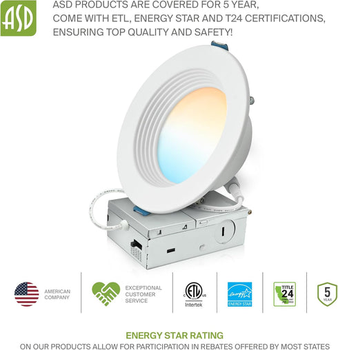 1 Pack 4 Inch 10W 889LM, 5CCT 2700K-5000K CRI90+, Dimmable T24, ASD Deep Regressed Baffle Trim Recessed Light, LED