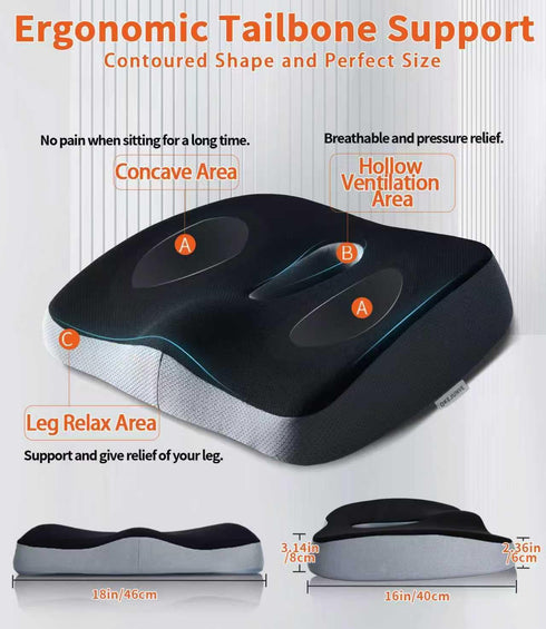 OKEJUNYE Tailbone Memory Foam Seat Cushion, Large Office Chair Cushions Chair Pad for Sciatica Coccyx Lower Back Pain