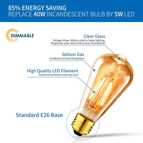 ANWIO Vintage Edison Light Bulb, ST21 LED Filament, 5W (40W Equivalent), 2500K Warm White, 6 Pack