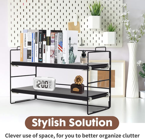 ShellKingdom Desk Shelf Organizer - 2 Tier Desktop Shelves, Adjustable Storage Rack for Office, School, Black