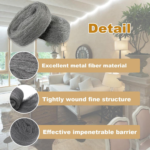 2Pack Steel Wool for Mice Control, 3.2"x10.5 ft Wool, Gap Filler for Home & Garage, DIY Bundle with Gloves & Scissors