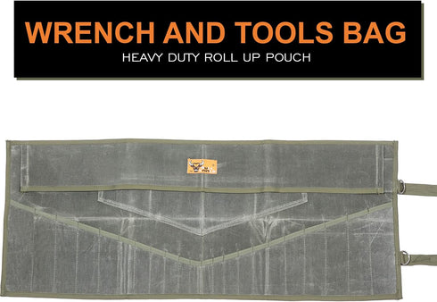 Wrench Pouch 26 Pocket Tool Organizer, 100% Cotton Waxed Canvas, SAE & Metric Roll Up Pouch